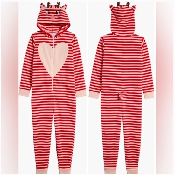 New Nordstrom Stripe Reindeer Hooded Fleece Romper Jumpsuit Onesie Christmas L - Picture 1 of 12